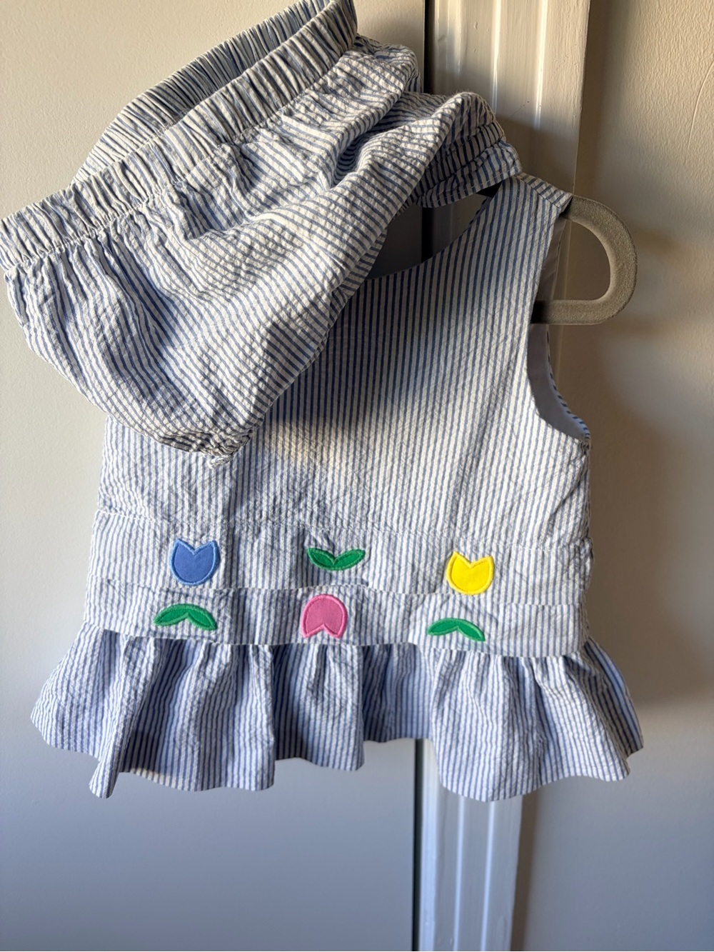 Florence Eiseman Seersucker Dress with Multicolor Tulip Appliqués